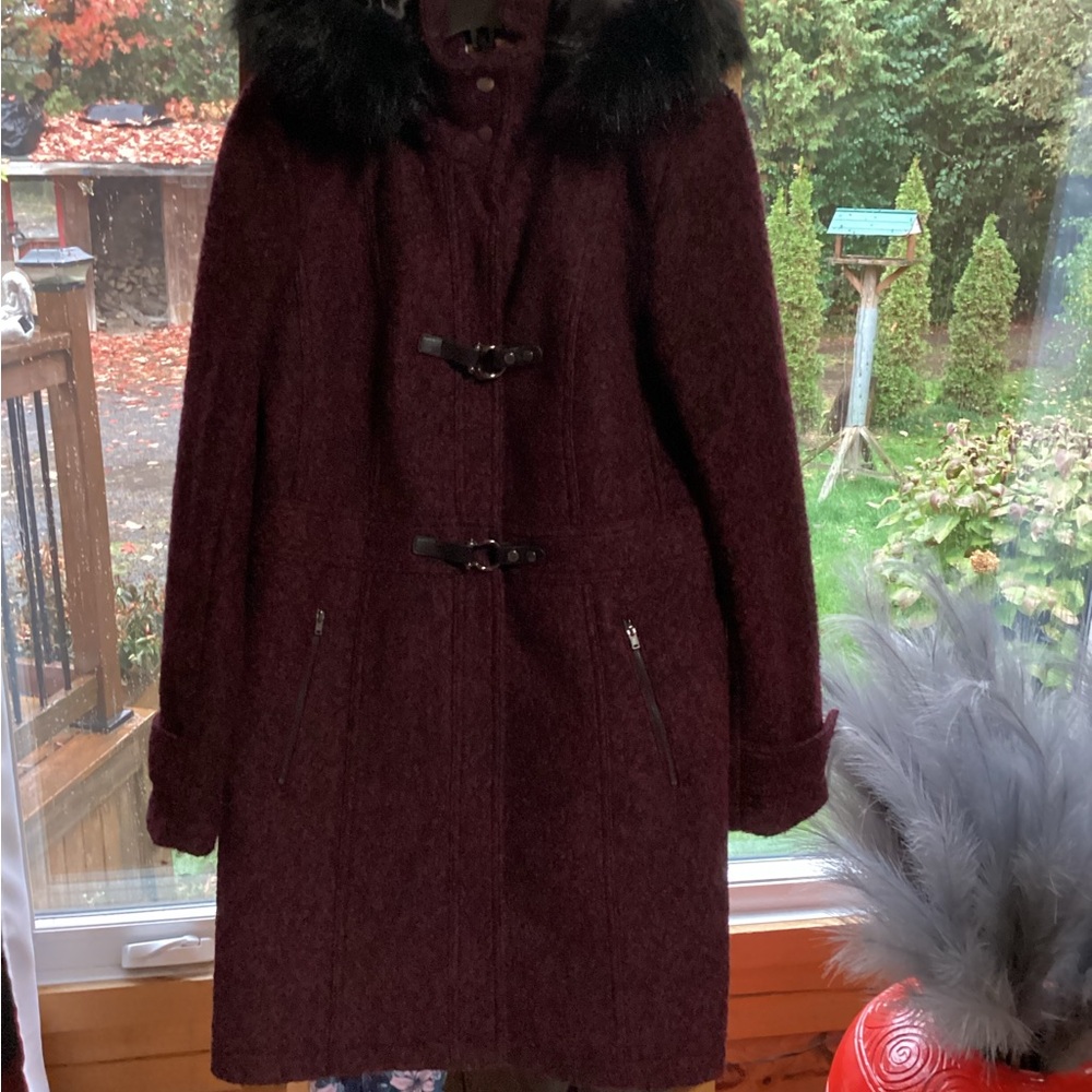 Ricki's Burgundy Pea Coat with Black Faux Fur Collar